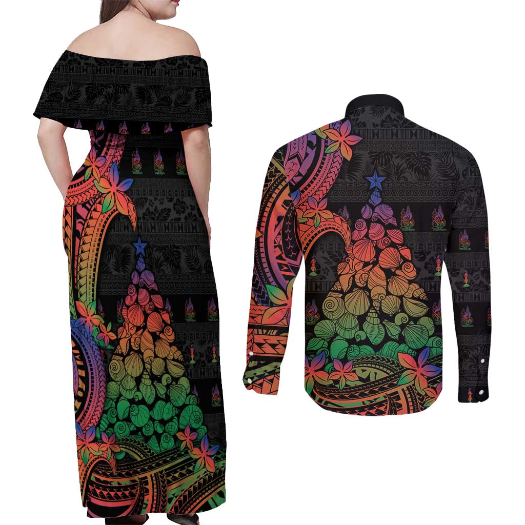 New Caledonia Christmas Couples Matching Off Shoulder Maxi Dress and Long Sleeve Button Shirt Seashell Xmas Tree Tribal Waves - Polynesian Pride