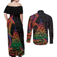 New Caledonia Christmas Couples Matching Off Shoulder Maxi Dress and Long Sleeve Button Shirt Seashell Xmas Tree Tribal Waves - Polynesian Pride