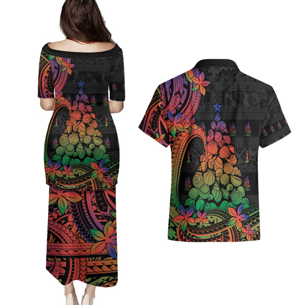 New Caledonia Christmas Couples Matching Puletasi and Hawaiian Shirt Seashell Xmas Tree Tribal Waves - Polynesian Pride
