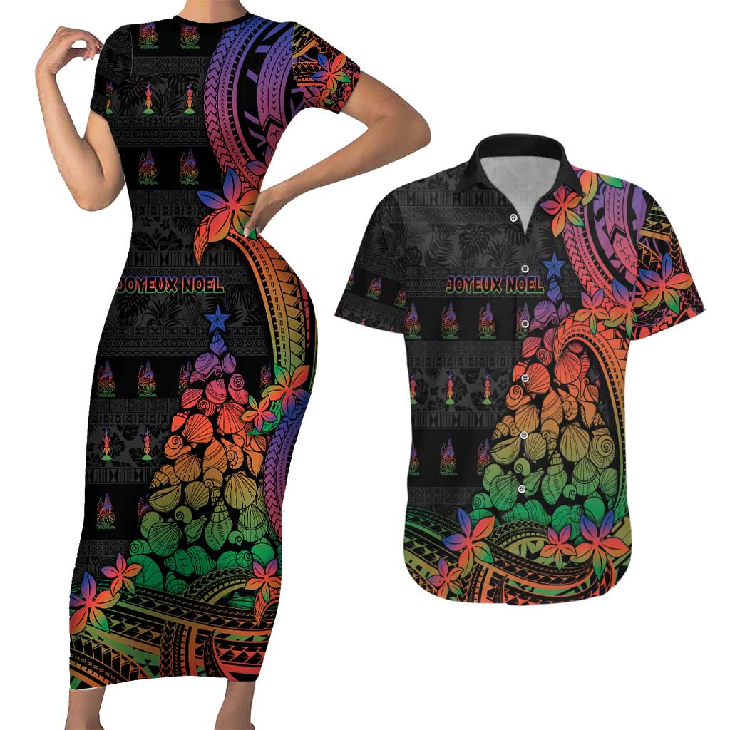 New Caledonia Christmas Couples Matching Short Sleeve Bodycon Dress and Hawaiian Shirt Seashell Xmas Tree Tribal Waves - Polynesian Pride