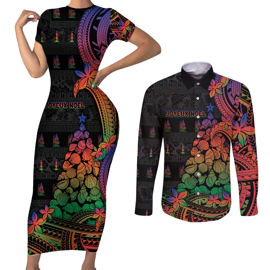 New Caledonia Christmas Couples Matching Short Sleeve Bodycon Dress and Long Sleeve Button Shirt Seashell Xmas Tree Tribal Waves - Polynesian Pride