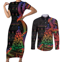 New Caledonia Christmas Couples Matching Short Sleeve Bodycon Dress and Long Sleeve Button Shirt Seashell Xmas Tree Tribal Waves - Polynesian Pride