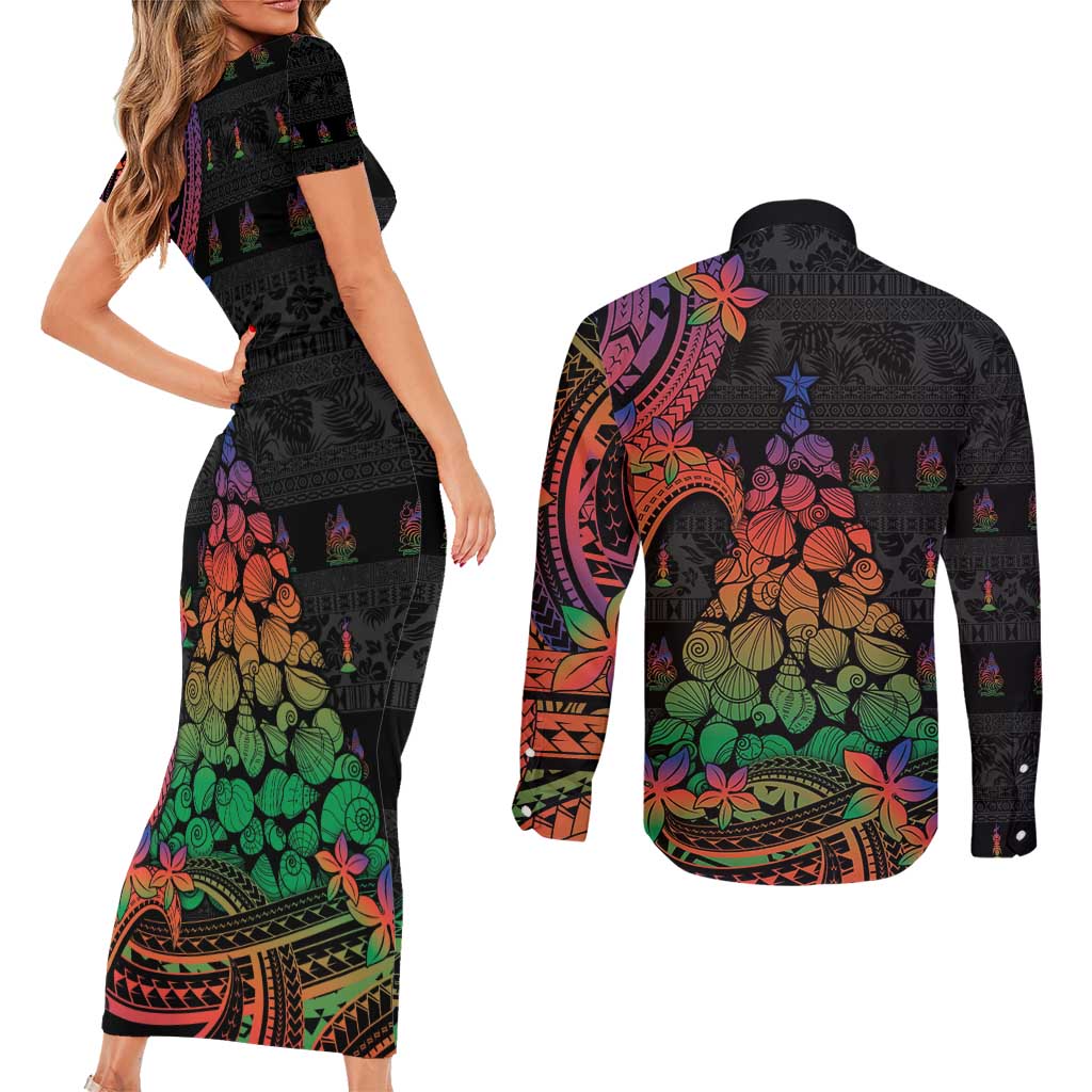 New Caledonia Christmas Couples Matching Short Sleeve Bodycon Dress and Long Sleeve Button Shirt Seashell Xmas Tree Tribal Waves - Polynesian Pride