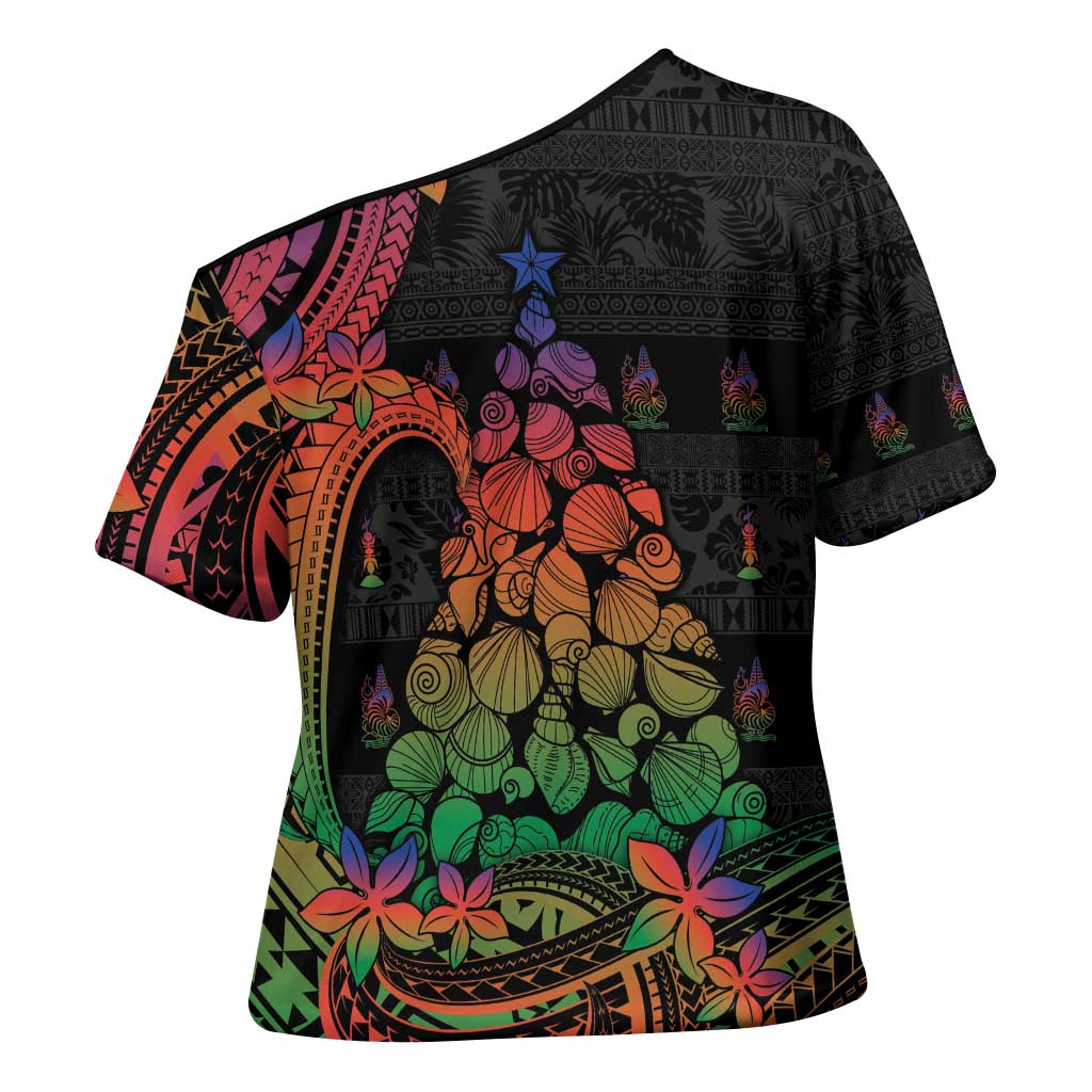 New Caledonia Christmas Cross Shoulder Shirt Seashell Xmas Tree Tribal Waves - Polynesian Pride