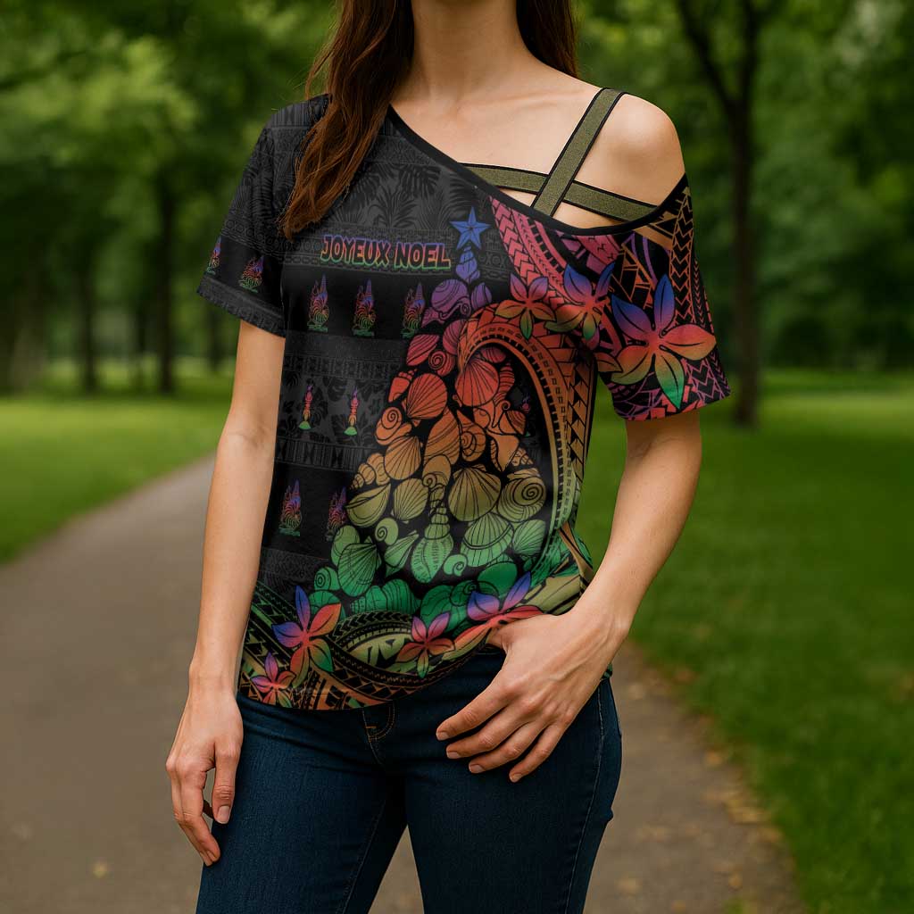 New Caledonia Christmas Cross Shoulder Shirt Seashell Xmas Tree Tribal Waves - Polynesian Pride