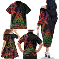 New Caledonia Christmas Family Matching Off The Shoulder Long Sleeve Dress and Hawaiian Shirt Seashell Xmas Tree Tribal Waves - Polynesian Pride