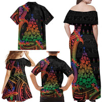 New Caledonia Christmas Family Matching Off Shoulder Maxi Dress and Hawaiian Shirt Seashell Xmas Tree Tribal Waves - Polynesian Pride