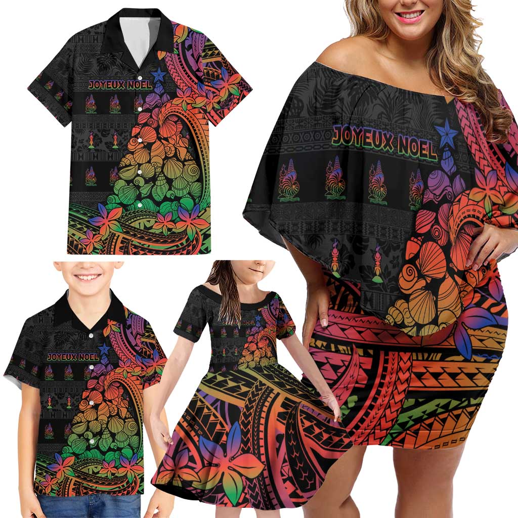 New Caledonia Christmas Family Matching Off Shoulder Short Dress and Hawaiian Shirt Seashell Xmas Tree Tribal Waves - Polynesian Pride