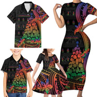New Caledonia Christmas Family Matching Short Sleeve Bodycon Dress and Hawaiian Shirt Seashell Xmas Tree Tribal Waves - Polynesian Pride