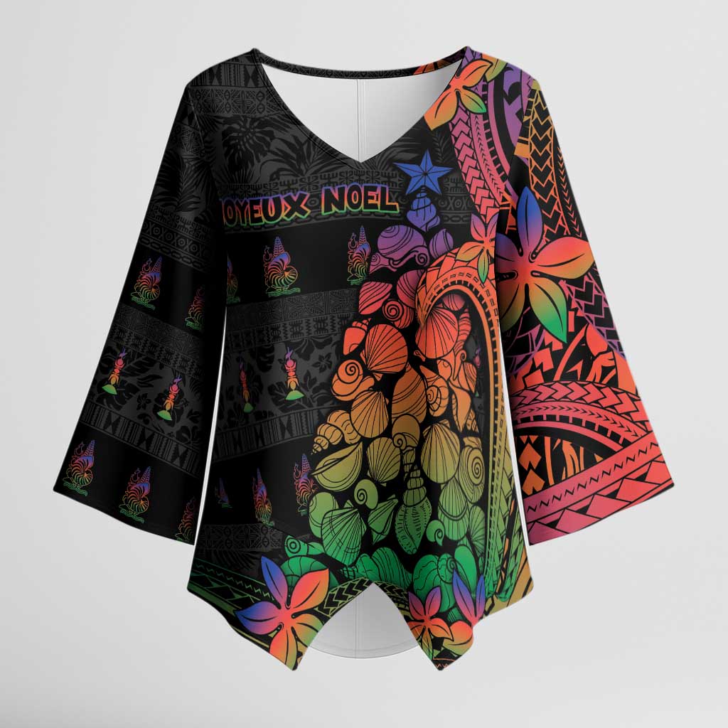 New Caledonia Christmas Kimono Sleeve Blouse Seashell Xmas Tree Tribal Waves - Polynesian Pride