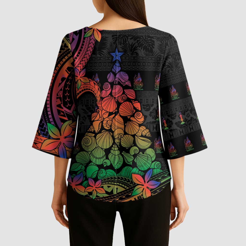 New Caledonia Christmas Kimono Sleeve Blouse Seashell Xmas Tree Tribal Waves - Polynesian Pride
