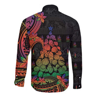 New Caledonia Christmas Long Sleeve Button Shirt Seashell Xmas Tree Tribal Waves - Polynesian Pride