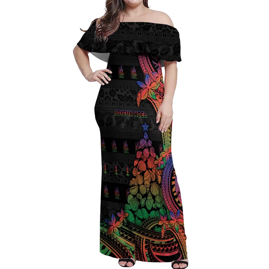 New Caledonia Christmas Off Shoulder Maxi Dress Seashell Xmas Tree Tribal Waves - Polynesian Pride