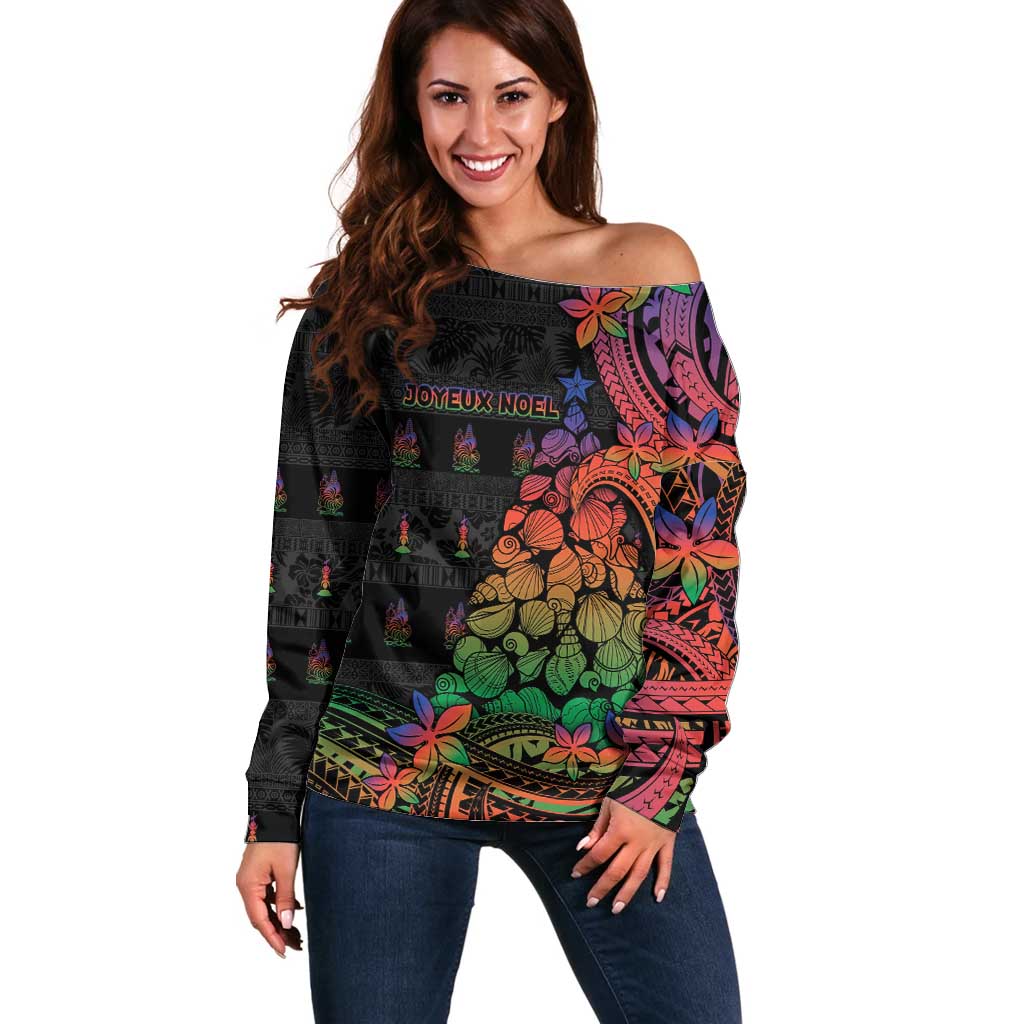 New Caledonia Christmas Off Shoulder Sweater Seashell Xmas Tree Tribal Waves - Polynesian Pride