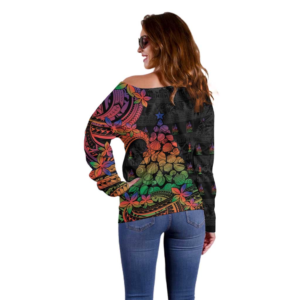 New Caledonia Christmas Off Shoulder Sweater Seashell Xmas Tree Tribal Waves - Polynesian Pride