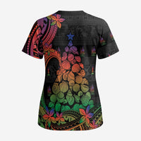 New Caledonia Christmas Scrub Top Seashell Xmas Tree Tribal Waves - Polynesian Pride