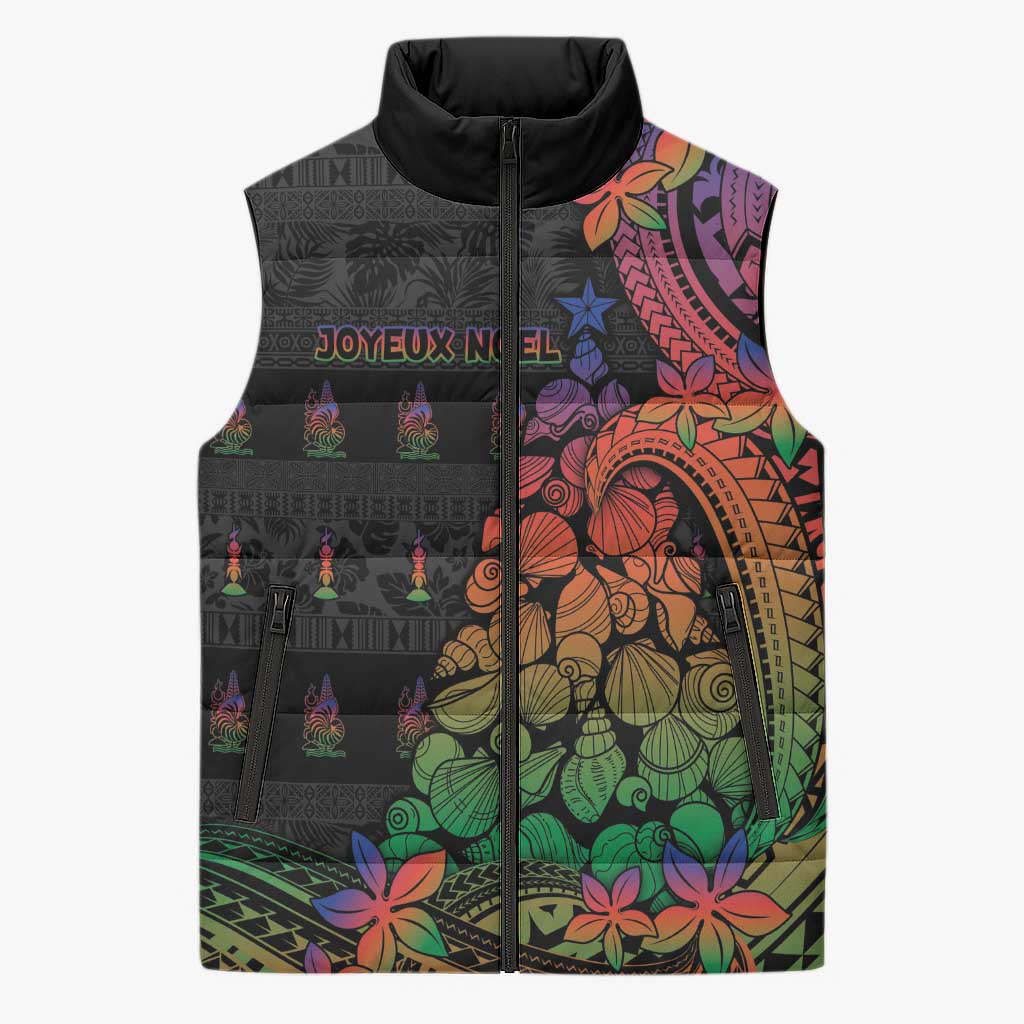 New Caledonia Christmas Sleeveless Puffer Jacket Seashell Xmas Tree Tribal Waves - Polynesian Pride