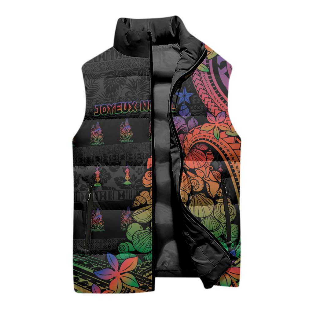 New Caledonia Christmas Sleeveless Puffer Jacket Seashell Xmas Tree Tribal Waves - Polynesian Pride