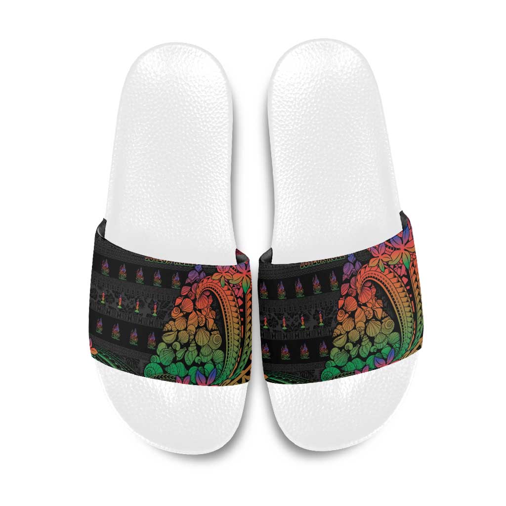 New Caledonia Christmas Slide Sandals Seashell Xmas Tree Tribal Waves - Polynesian Pride