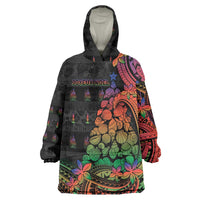 New Caledonia Christmas Wearable Blanket Hoodie Seashell Xmas Tree Tribal Waves - Polynesian Pride