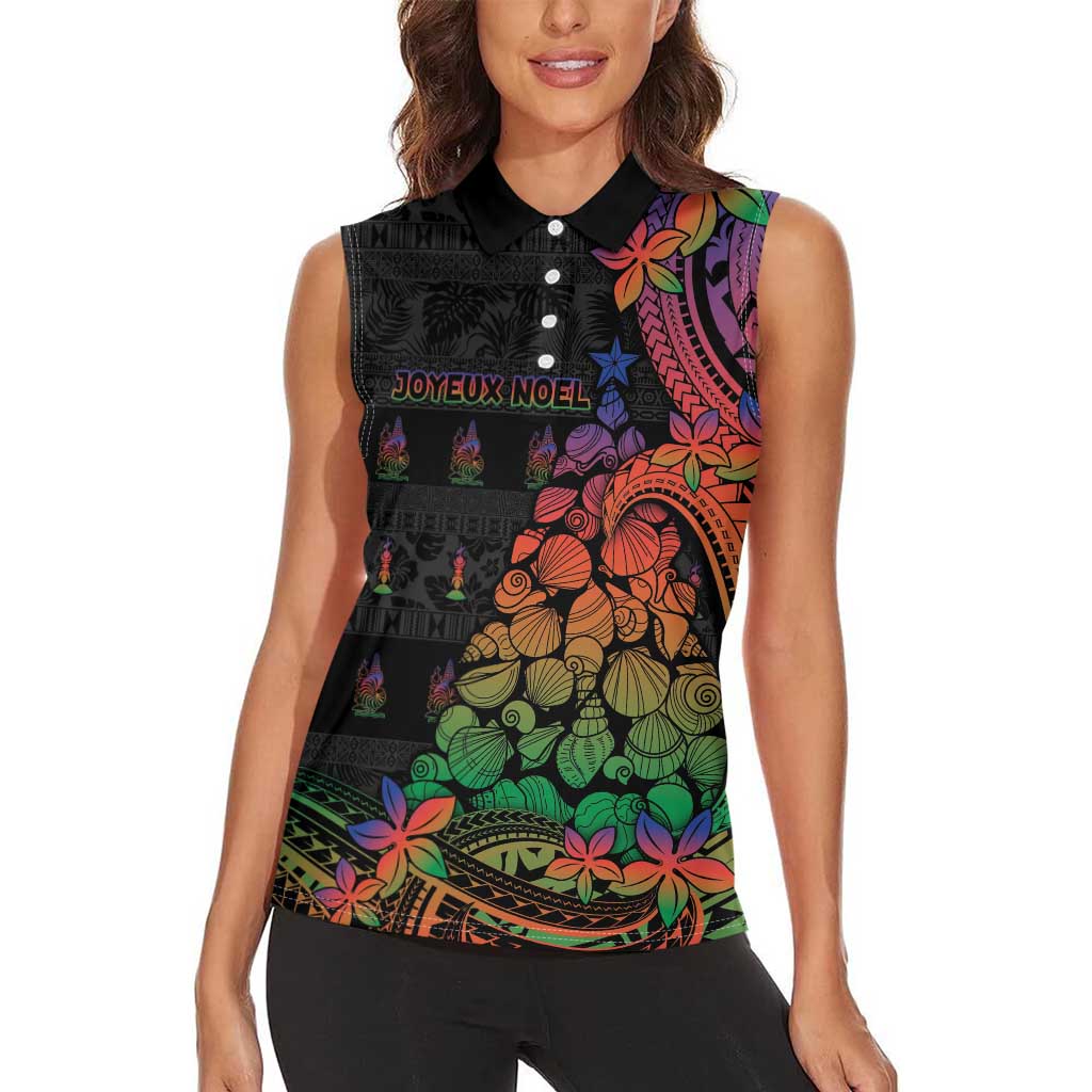 New Caledonia Christmas Women Sleeveless Polo Shirt Seashell Xmas Tree Tribal Waves - Polynesian Pride