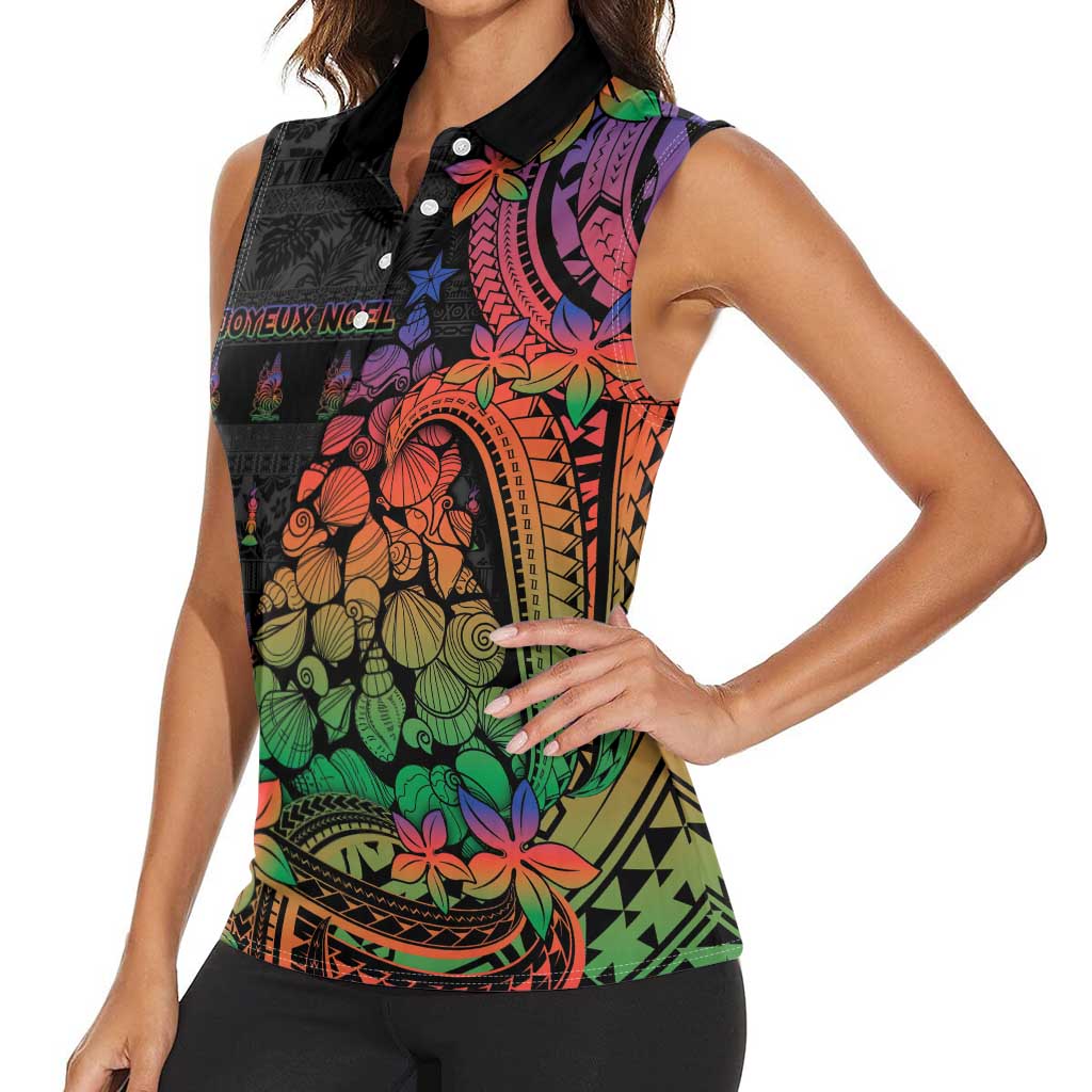 New Caledonia Christmas Women Sleeveless Polo Shirt Seashell Xmas Tree Tribal Waves - Polynesian Pride
