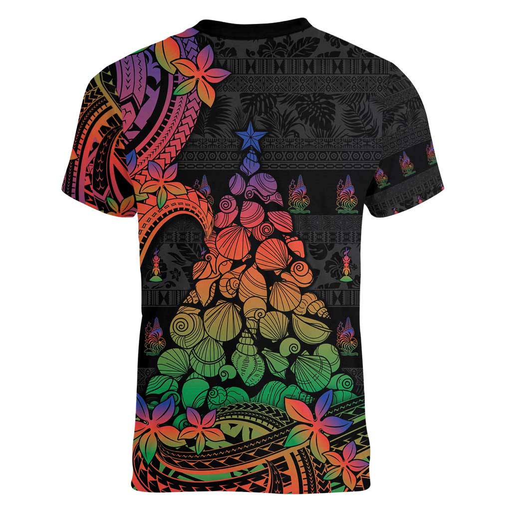 New Caledonia Christmas Women V-Neck T-Shirt Seashell Xmas Tree Tribal Waves - Polynesian Pride