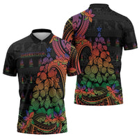 New Caledonia Christmas Zipper Polo Shirt Seashell Xmas Tree Tribal Waves - Polynesian Pride