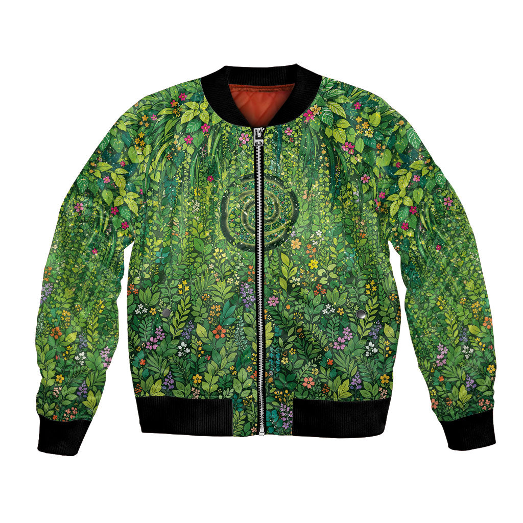 Polynesia Mother Nature Bomber Jacket Glowing Heart Spiral Tropical Vine Floral