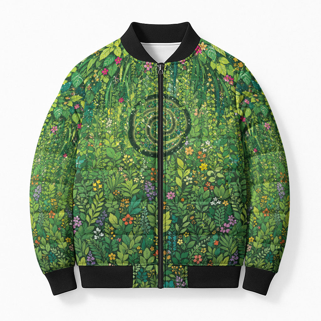 Polynesia Mother Nature Bomber Puffer Jacket Glowing Heart Spiral Tropical Vine Floral