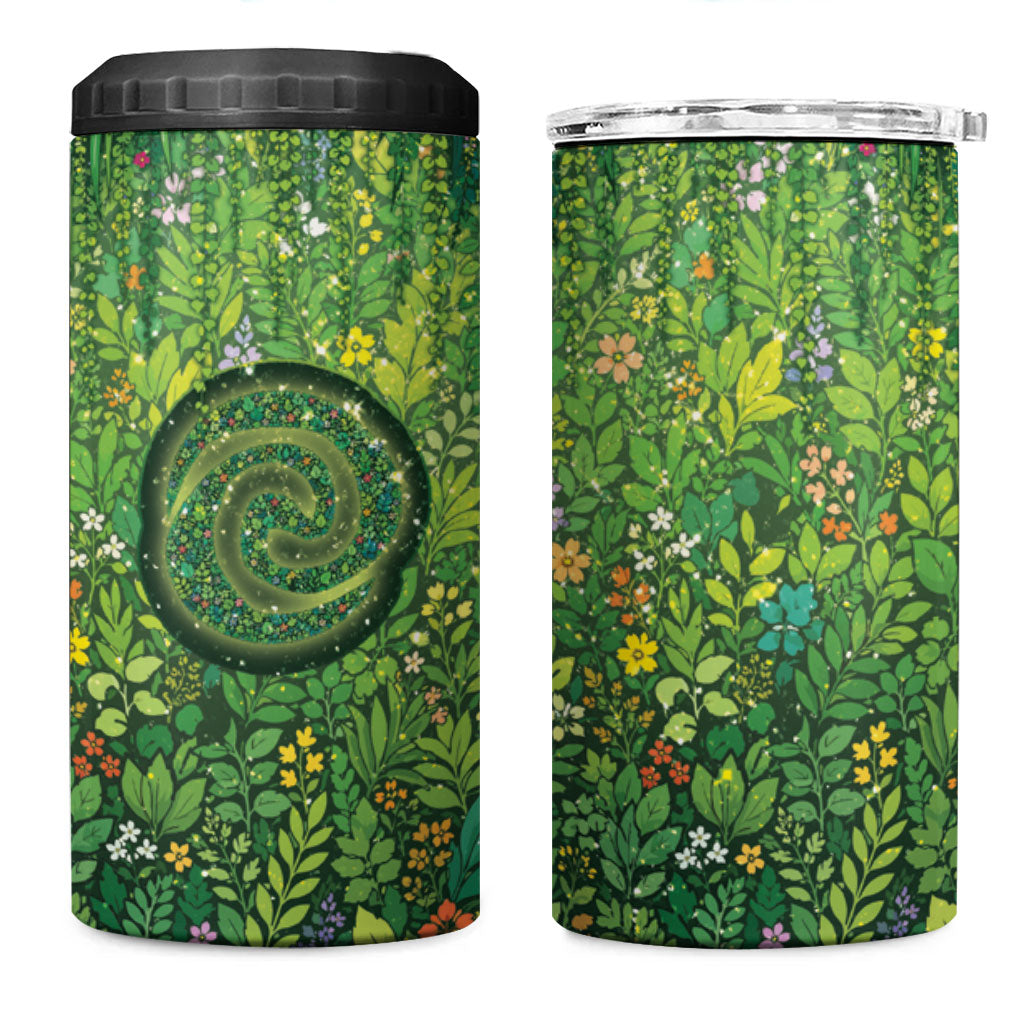 Polynesia Mother Nature 4 in 1 Can Cooler Tumbler Glowing Heart Spiral Tropical Vine Floral