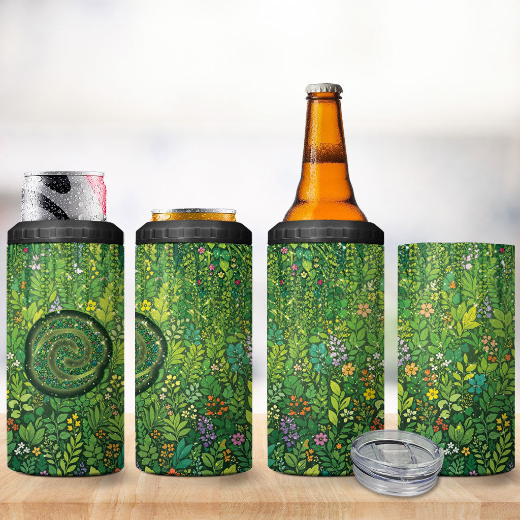 Polynesia Mother Nature 4 in 1 Can Cooler Tumbler Glowing Heart Spiral Tropical Vine Floral