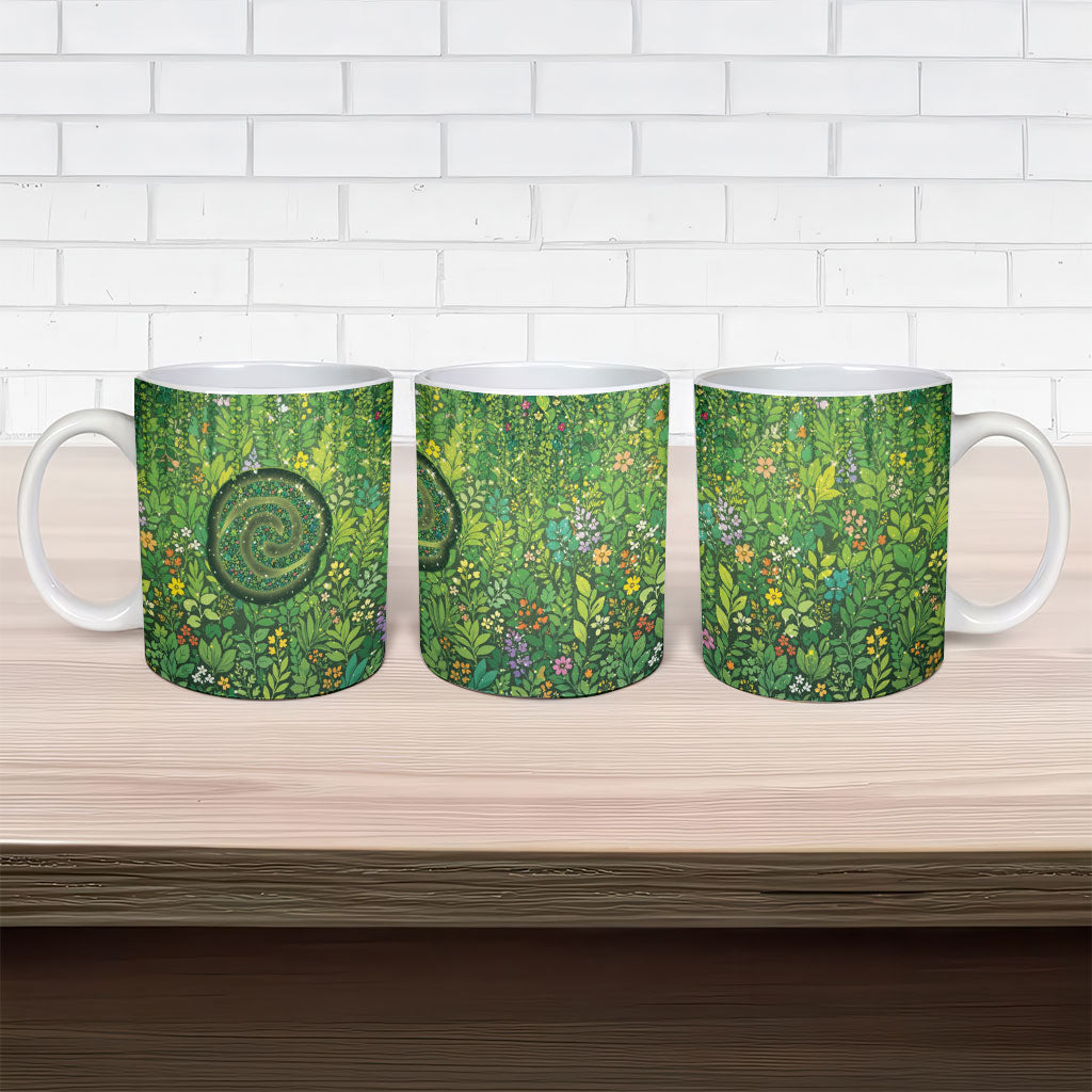 Polynesia Mother Nature Ceramic Mug Glowing Heart Spiral Tropical Vine Floral