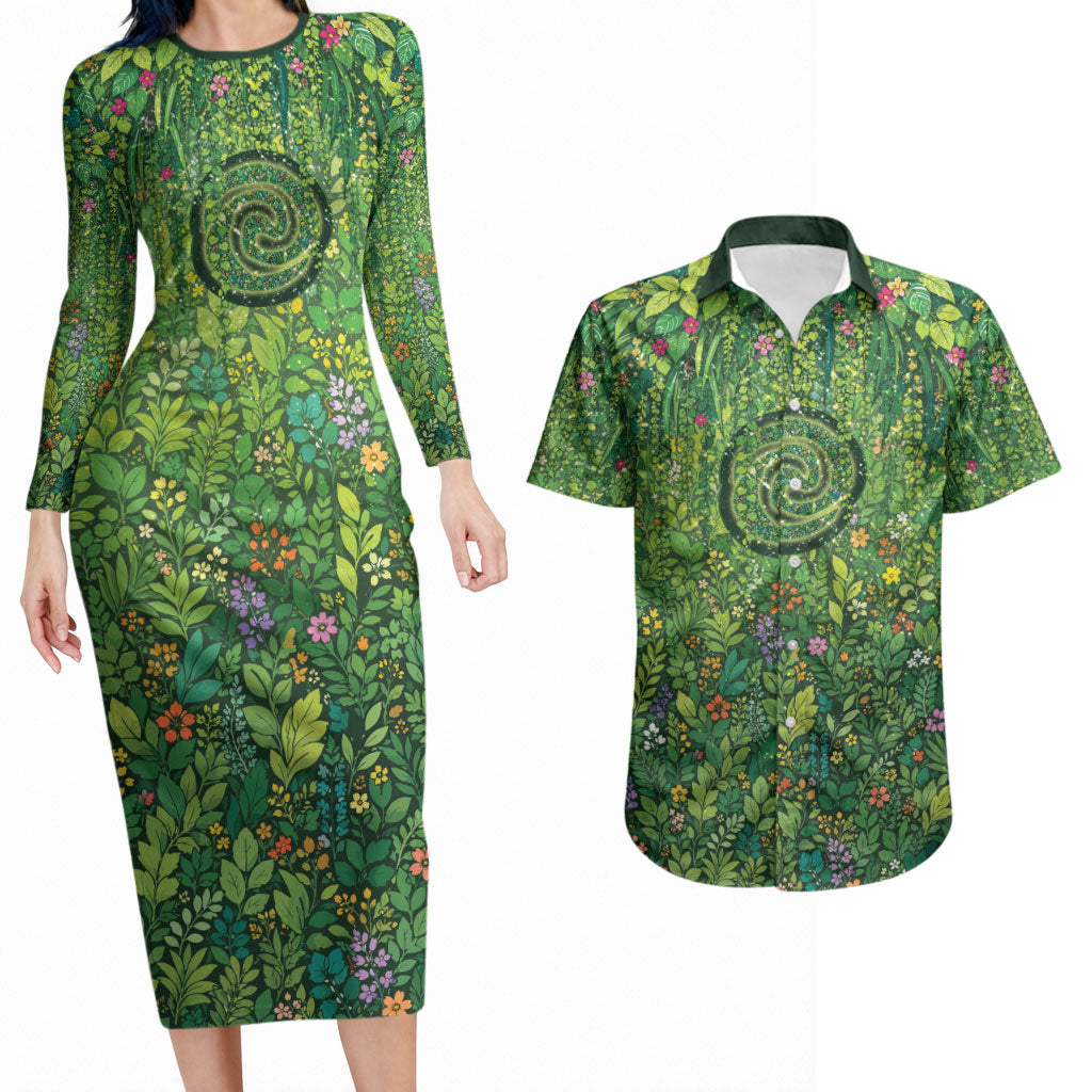 Polynesia Mother Nature Couples Matching Long Sleeve Bodycon Dress and Hawaiian Shirt Glowing Heart Spiral Tropical Vine Floral