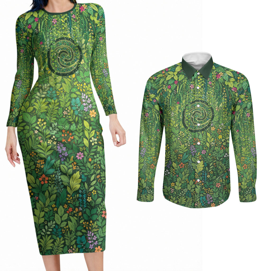 Polynesia Mother Nature Couples Matching Long Sleeve Bodycon Dress and Long Sleeve Button Shirt Glowing Heart Spiral Tropical Vine Floral