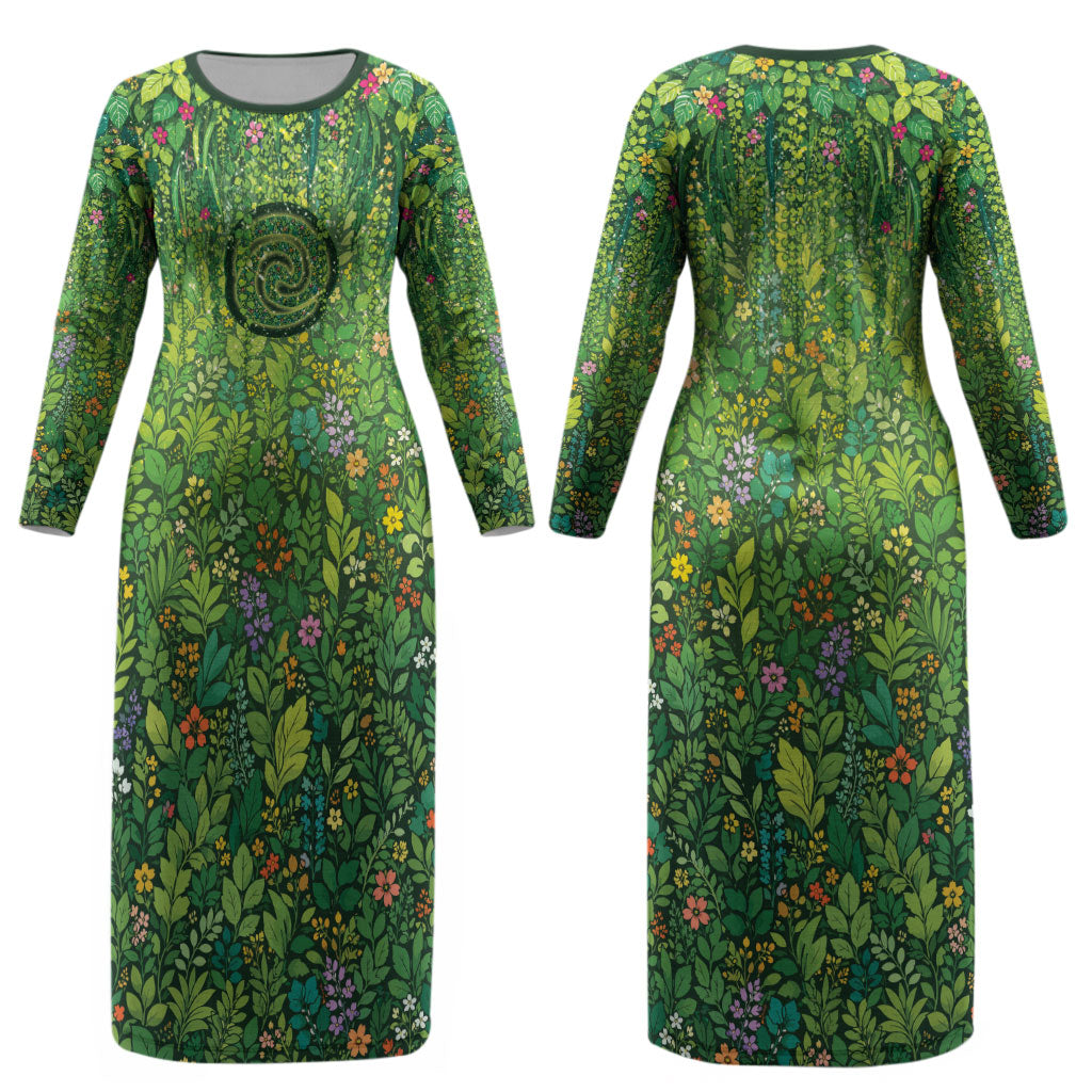 Polynesia Mother Nature Couples Matching Long Sleeve Bodycon Dress and Long Sleeve Button Shirt Glowing Heart Spiral Tropical Vine Floral