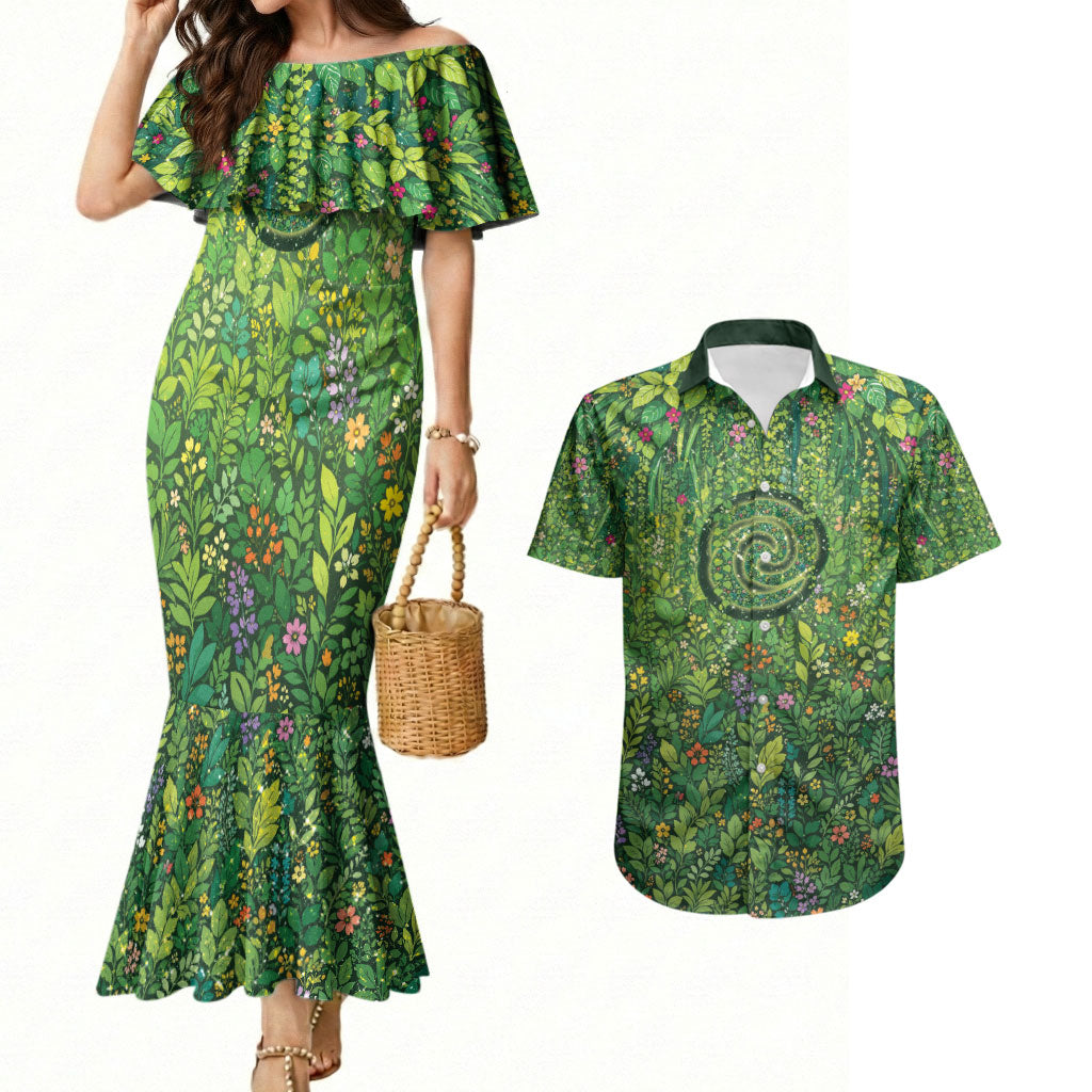 Polynesia Mother Nature Couples Matching Mermaid Dress and Hawaiian Shirt Glowing Heart Spiral Tropical Vine Floral