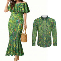 Polynesia Mother Nature Couples Matching Mermaid Dress and Long Sleeve Button Shirt Glowing Heart Spiral Tropical Vine Floral