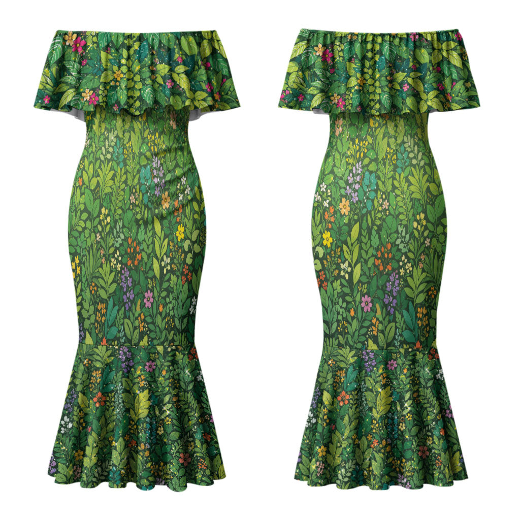 Polynesia Mother Nature Couples Matching Mermaid Dress and Long Sleeve Button Shirt Glowing Heart Spiral Tropical Vine Floral