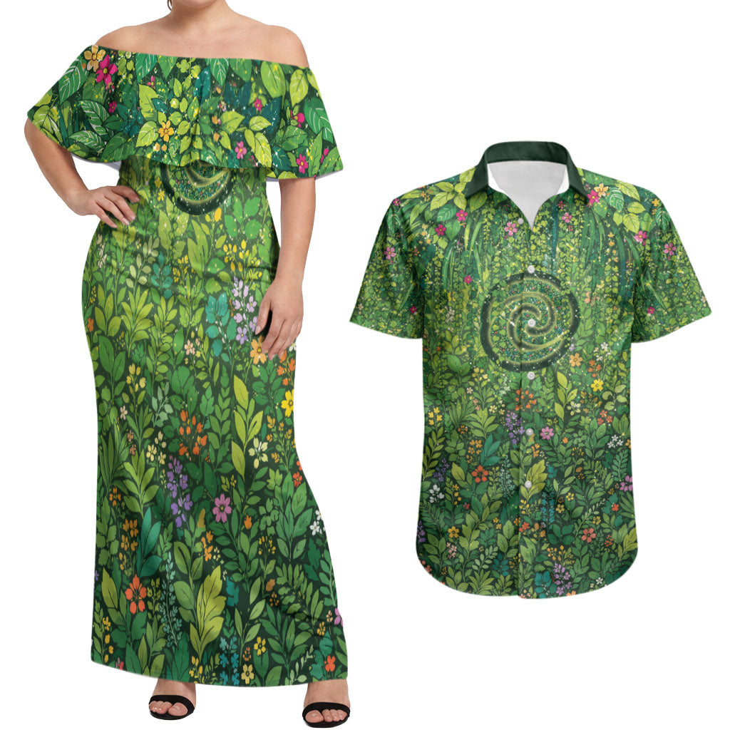 Polynesia Mother Nature Couples Matching Off Shoulder Maxi Dress and Hawaiian Shirt Glowing Heart Spiral Tropical Vine Floral