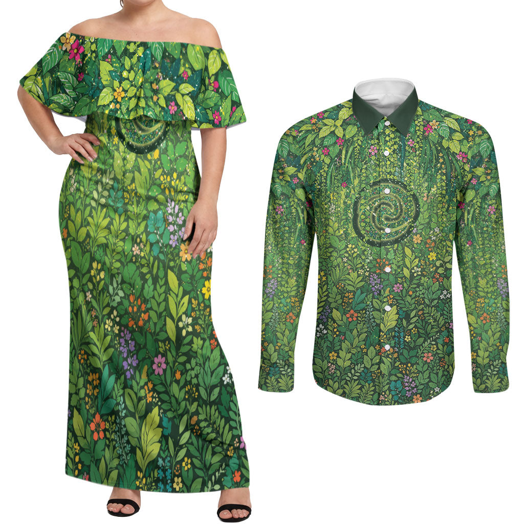 Polynesia Mother Nature Couples Matching Off Shoulder Maxi Dress and Long Sleeve Button Shirt Glowing Heart Spiral Tropical Vine Floral