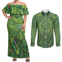 Polynesia Mother Nature Couples Matching Off Shoulder Maxi Dress and Long Sleeve Button Shirt Glowing Heart Spiral Tropical Vine Floral