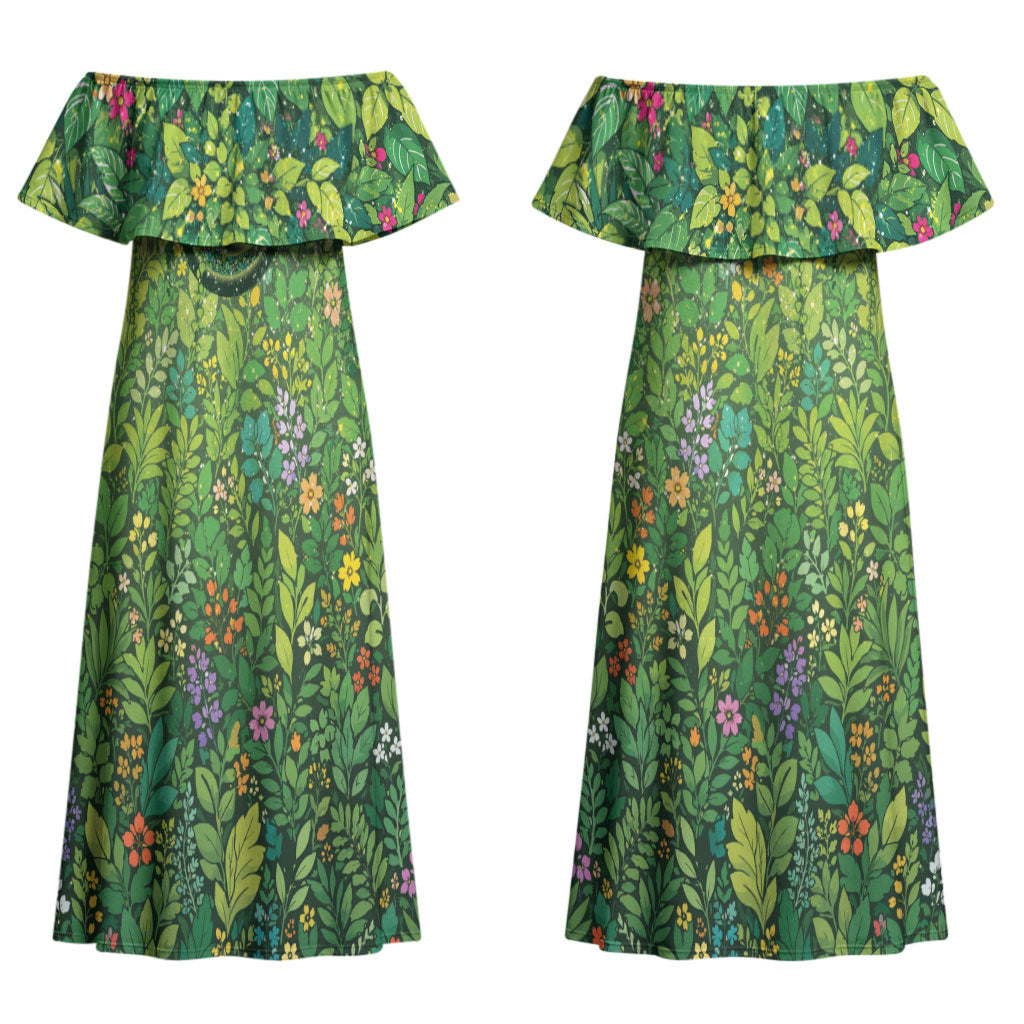 Polynesia Mother Nature Couples Matching Off Shoulder Maxi Dress and Long Sleeve Button Shirt Glowing Heart Spiral Tropical Vine Floral
