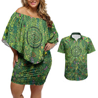 Polynesia Mother Nature Couples Matching Off Shoulder Short Dress and Hawaiian Shirt Glowing Heart Spiral Tropical Vine Floral