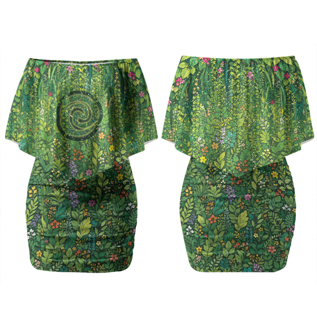 Polynesia Mother Nature Couples Matching Off Shoulder Short Dress and Long Sleeve Button Shirt Glowing Heart Spiral Tropical Vine Floral