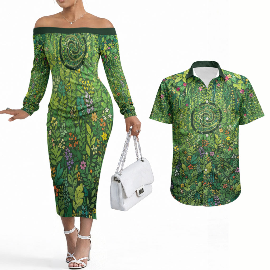 Polynesia Mother Nature Couples Matching Off The Shoulder Long Sleeve Dress and Hawaiian Shirt Glowing Heart Spiral Tropical Vine Floral