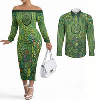 Polynesia Mother Nature Couples Matching Off The Shoulder Long Sleeve Dress and Long Sleeve Button Shirt Glowing Heart Spiral Tropical Vine Floral