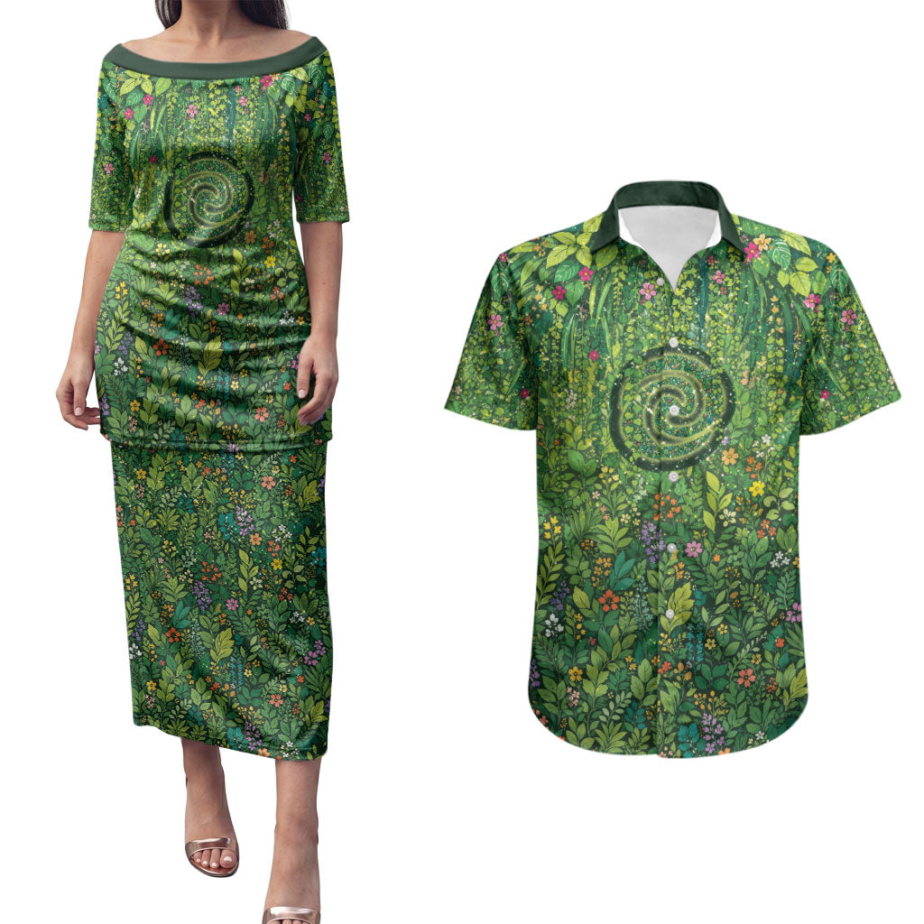 Polynesia Mother Nature Couples Matching Puletasi and Hawaiian Shirt Glowing Heart Spiral Tropical Vine Floral