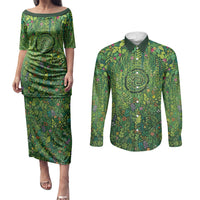 Polynesia Mother Nature Couples Matching Puletasi and Long Sleeve Button Shirt Glowing Heart Spiral Tropical Vine Floral