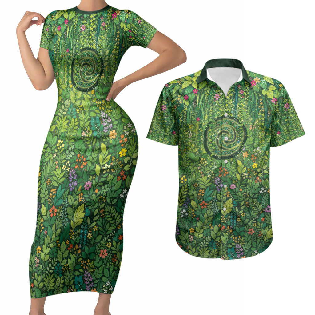 Polynesia Mother Nature Couples Matching Short Sleeve Bodycon Dress and Hawaiian Shirt Glowing Heart Spiral Tropical Vine Floral